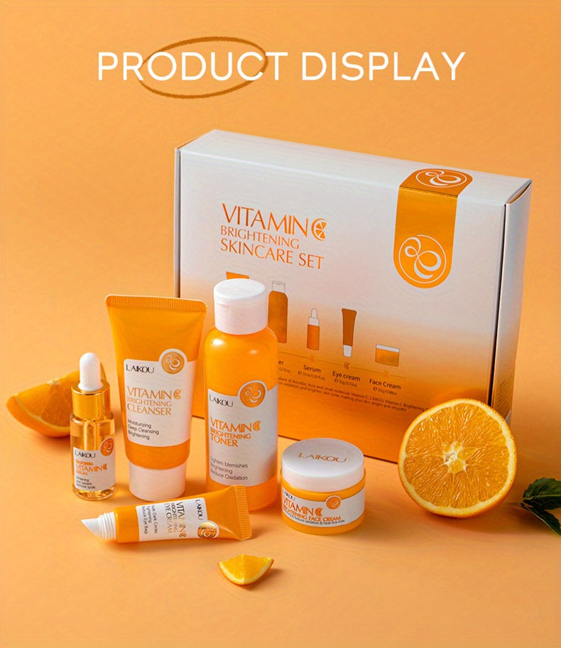 LAIKOU Vitamin C Series Skin Care Products Set 5 Piece Cleansing Skin Water Serum Eye Cream Essence Cream For Men And Women Daily Skin Care Gifts