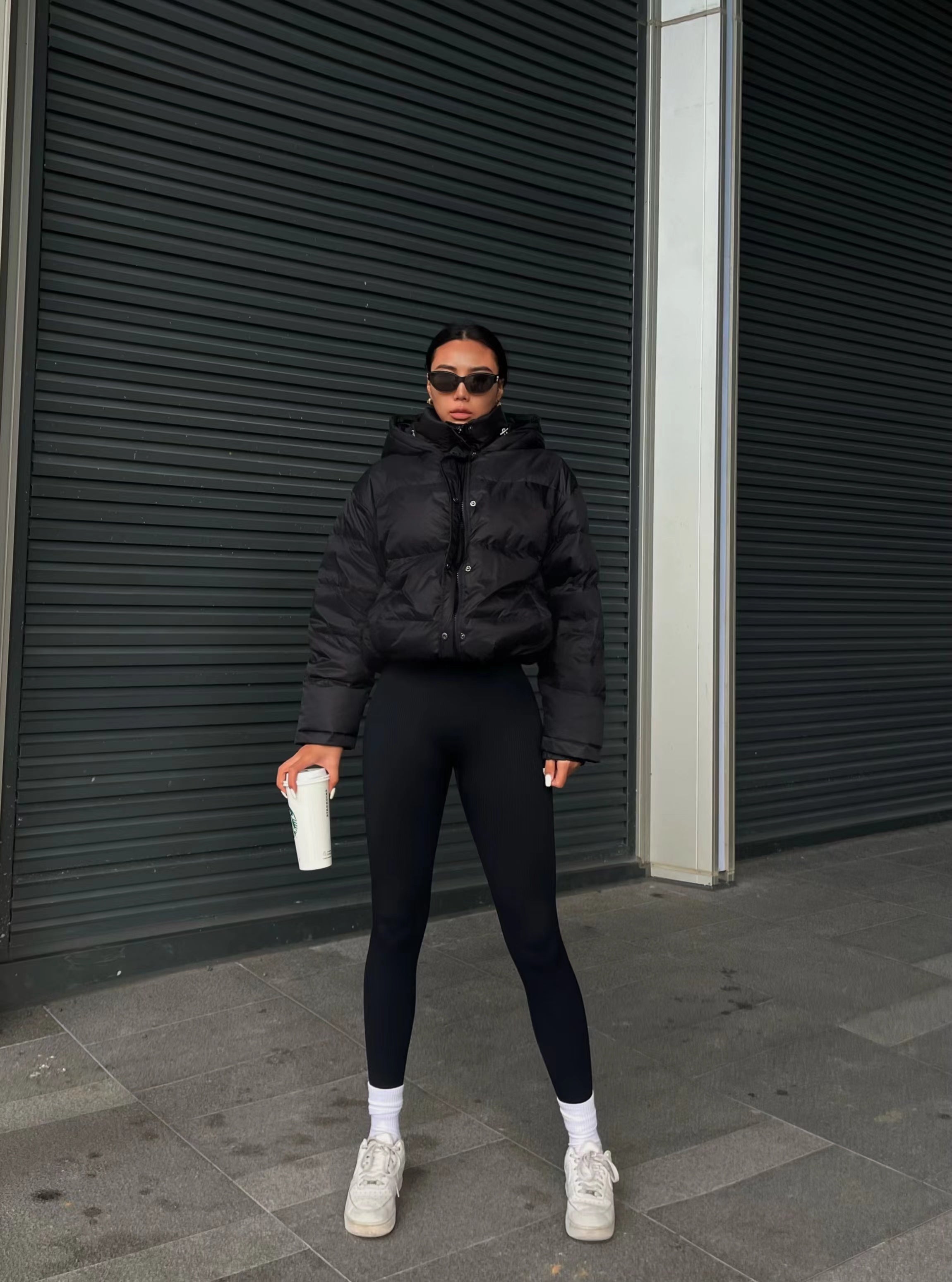 Women's Casual Short Puffer Jacket - Black Solid Hooded Design, Polyester Smooth Fabric, 70g/m² Lining, Long Sleeve with Drawstring | Winter Warmth | Comfortable Fit
