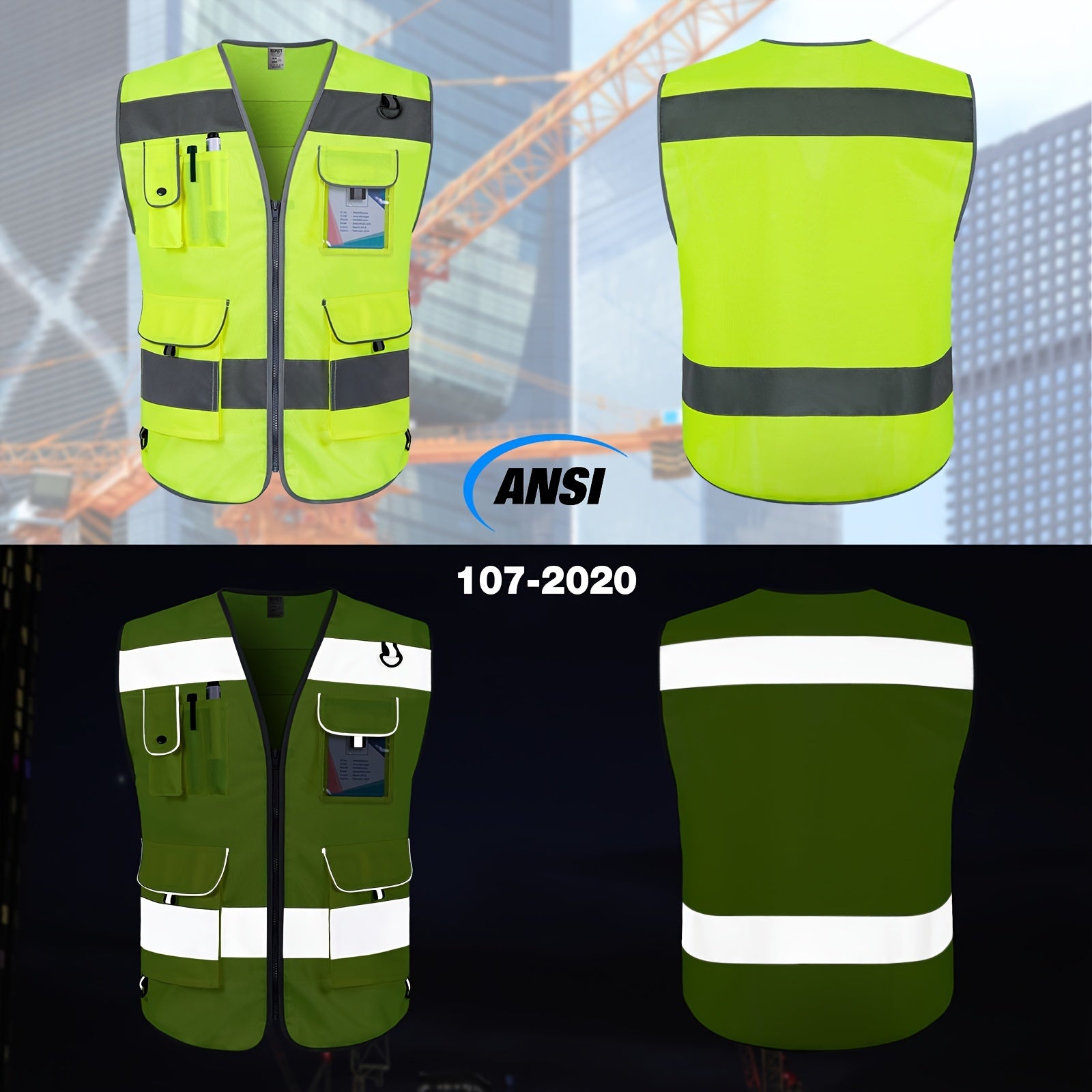 TCCFCCT Bison Series ANSI/ISEA 107-2020 Compliant Safety Vest for Men & Women - Reflective Vest with 9 Pockets, Premium 120g Polyester, Reinforced Stitching, Adjustable Straps & Storage Pockets for Construction, Surveyors, Dr