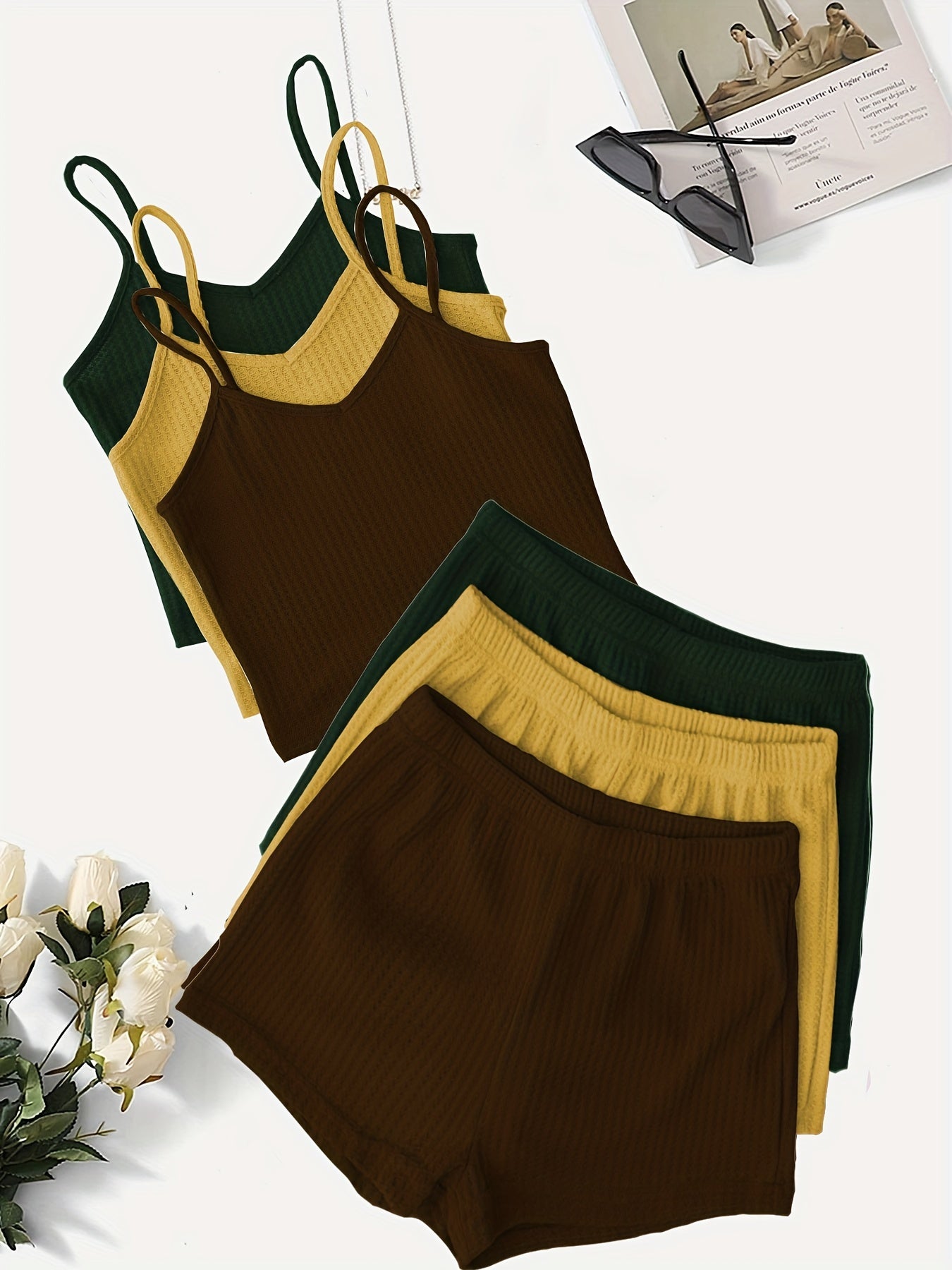 Women'S Elegant Waffle Cami & Shorts Set - Soft Pink & Mint Green, Sleeveless V-Neck Top with Ruffled Straps, High-Waisted Drawstring Shorts, Casual & Comfortable for Spring/Summer, Summer Outfit | Sleeveless Top | Texture