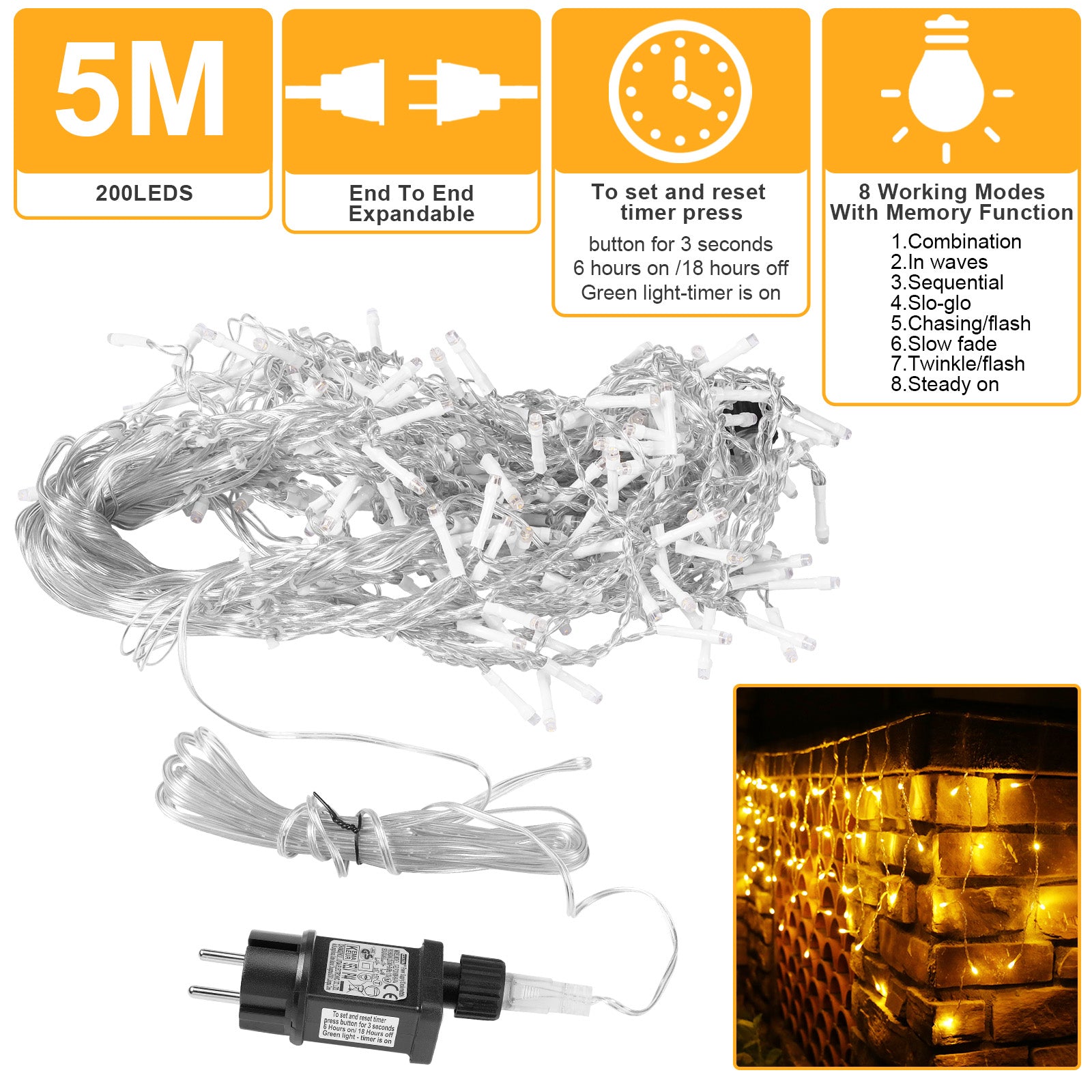 Memory LED Icicle String Lights 5/10/15M Waterproof Outdoor Christmas Fairy Lights 8 Modes Timer Xmas Newyear Decor 31V Plug