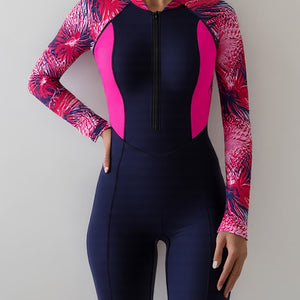 Colorblock Long Sleeves One-Piece Swimsuit Women, Zip Front Rash Guard Round Neck Tummy Control Bathing Suit, Women's Swimwear & Clothing