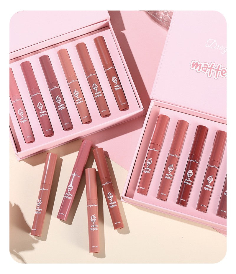 6 Pcs Lip Glaze Lipstick 6 Sets Non Stick Cup Nude Skin Color Lip Gloss Cute Set Box Long Lasting Non Stick Cup Does Not Fade Waterproof Lip Gloss Lipstick Gel, Valentine's Day Gifts For Women