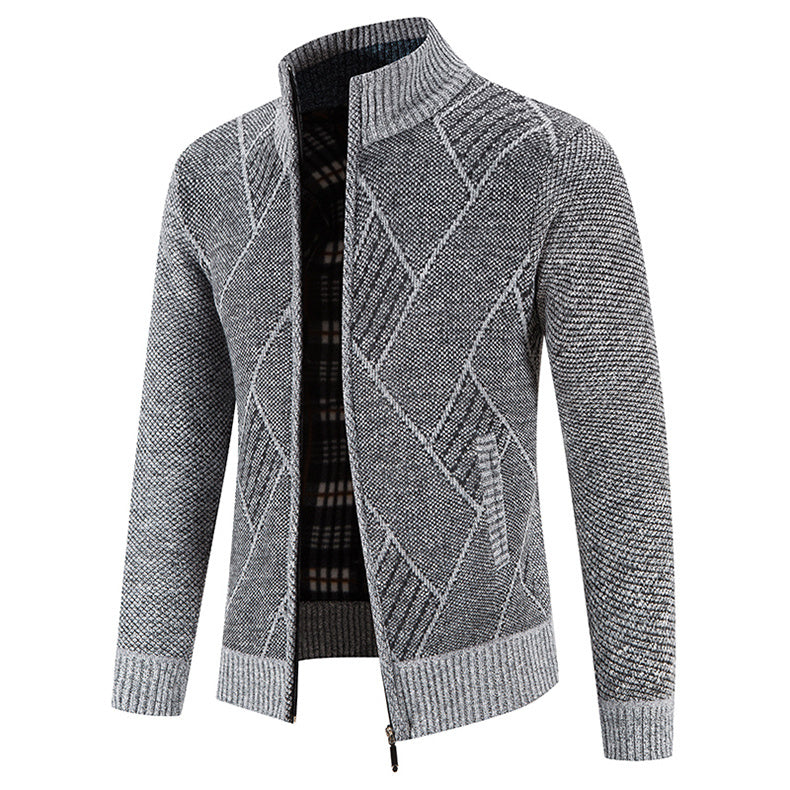 Loldeal Men'S Stand Collar Diamond Plaid Cardigan - Thick Warm Knit Open Front Sweater with Pockets, Solid Color Casual Fall/Winter Layering Essential, Cozy Clothing, Stylish Cardigan, Durable Construction, Warm Knitwear