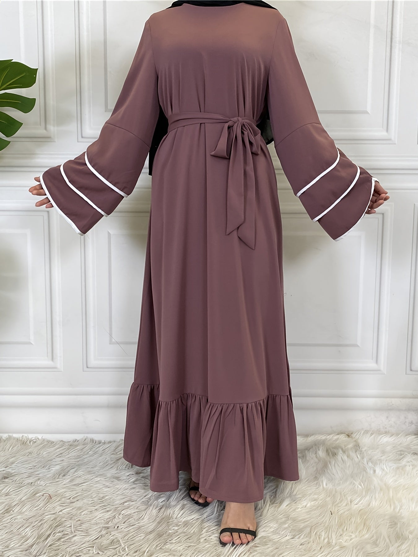 Solid Petal Sleeve Crew Neck Loose Modest Dress, Elegant Tie Waist Ruffled Hem Dress, Women's Clothing