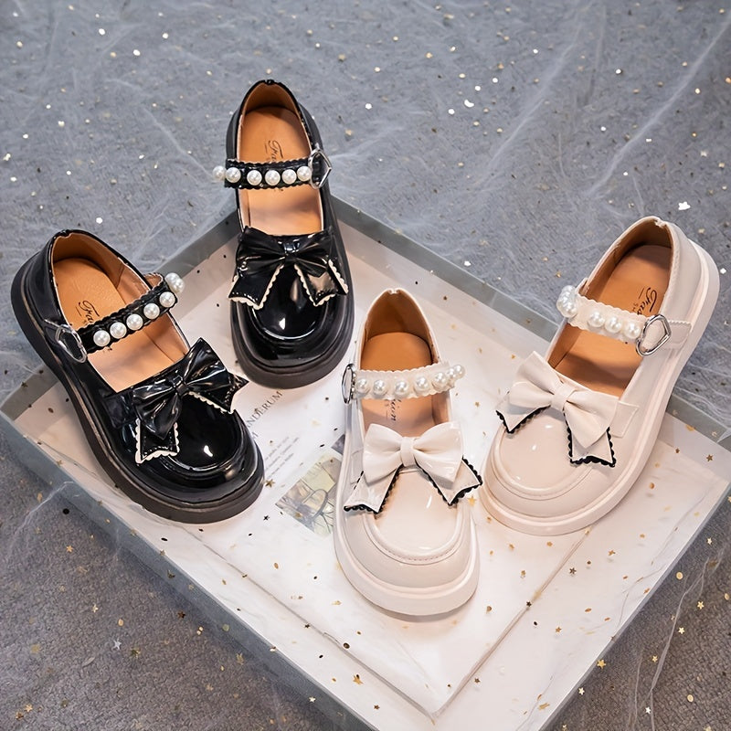 Girls Princess Dress Shoes - Classic Mary Jane Design, Square Toe, Ultra Soft Sole, Anti Slip, Adjustable Ankle Strap - Exquisite Faux Pearl Chain Decor, Perfect for Special Occasions