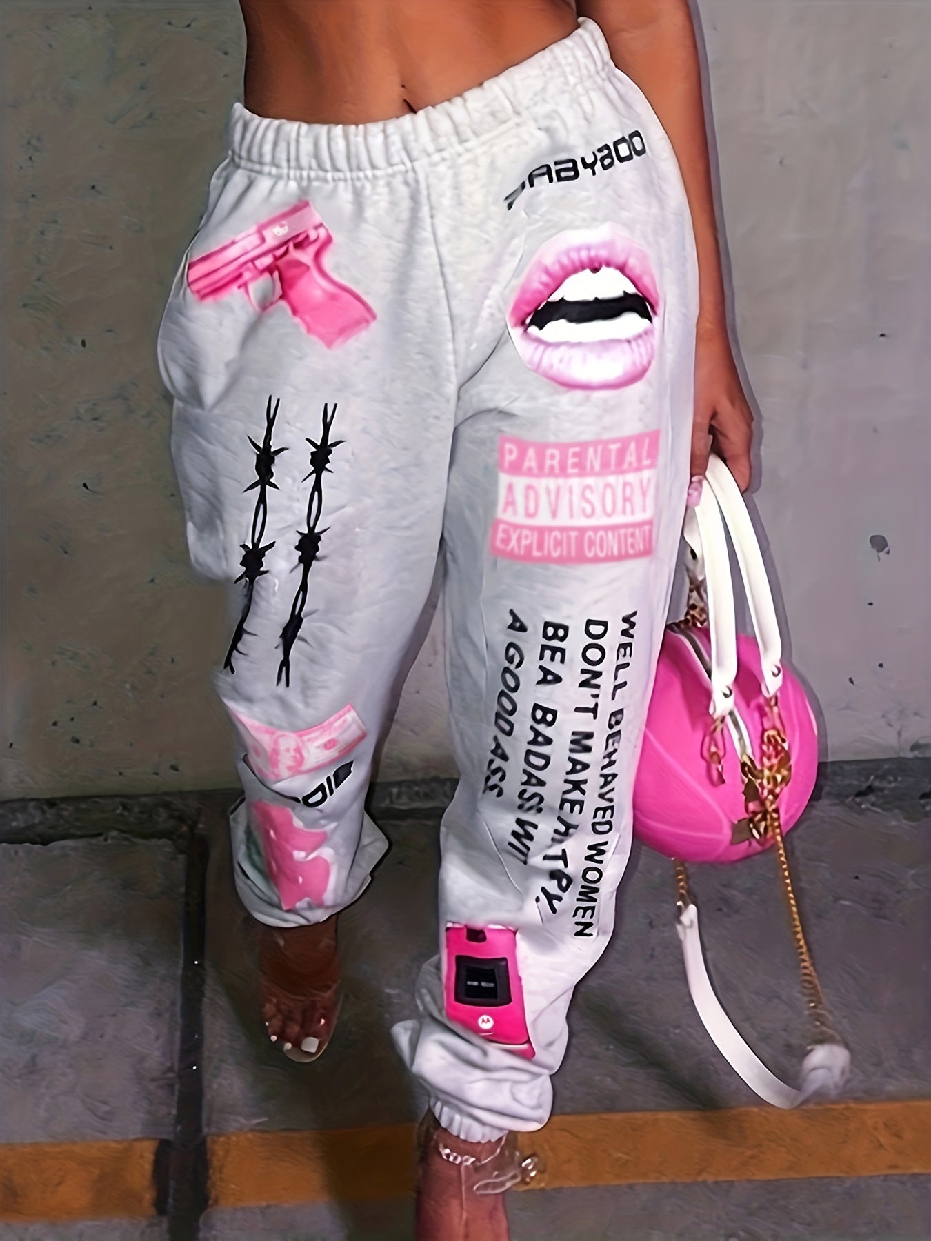 TB5553 Plus Women's Print Fashion Elastic Waist Sports Casual Sweater Oversize Pants Bottom