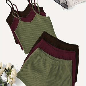 Women'S Elegant Waffle Cami & Shorts Set - Soft Pink & Mint Green, Sleeveless V-Neck Top with Ruffled Straps, High-Waisted Drawstring Shorts, Casual & Comfortable for Spring/Summer, Summer Outfit | Sleeveless Top | Texture