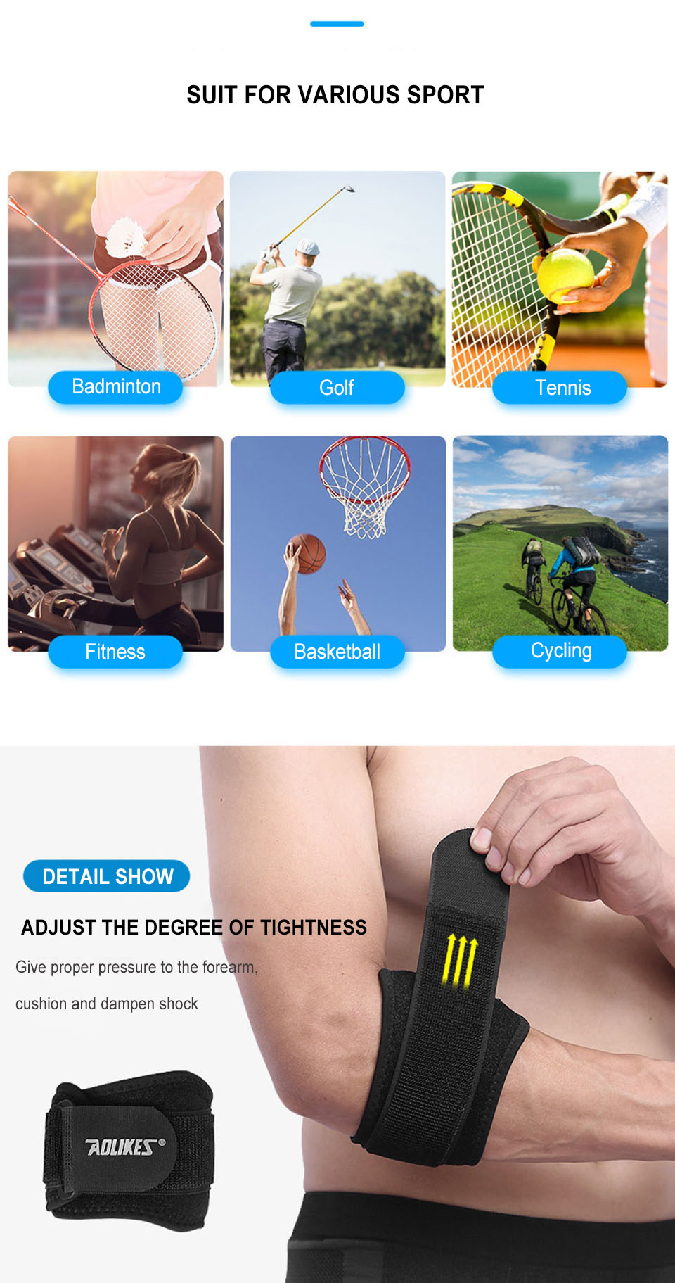 1pc Aolikes Elbow Brace for Men and Women - Tennis Elbow Support Wrap with Adjustable Compression