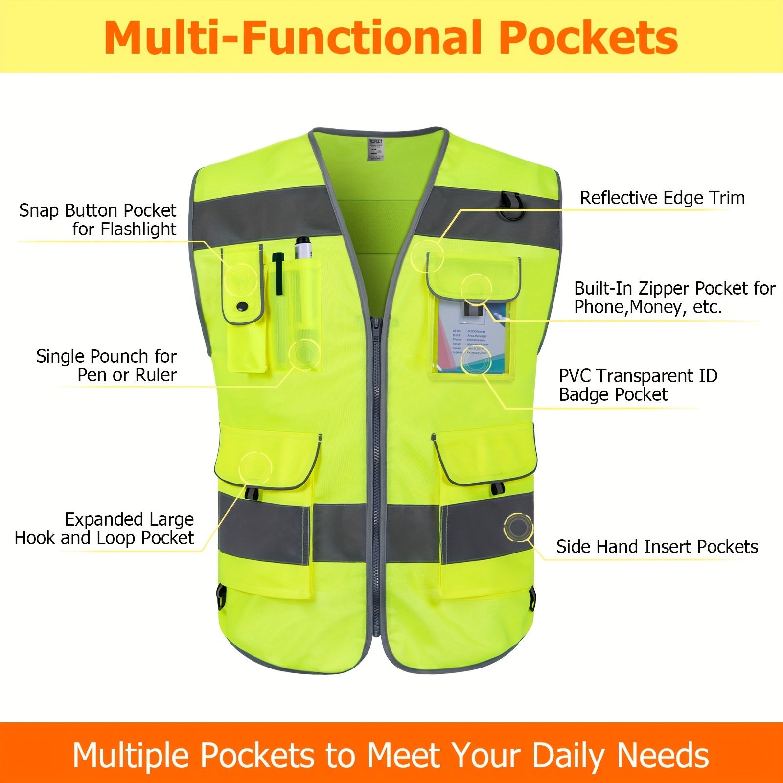 TCCFCCT Bison Series ANSI/ISEA 107-2020 Compliant Safety Vest for Men & Women - Reflective Vest with 9 Pockets, Premium 120g Polyester, Reinforced Stitching, Adjustable Straps & Storage Pockets for Construction, Surveyors, Dr