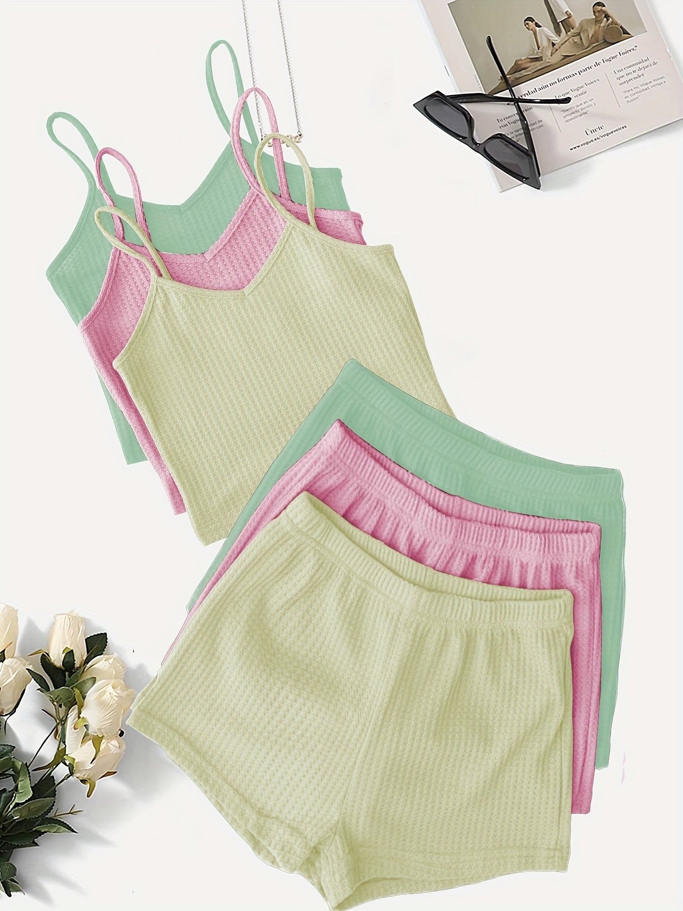 Women'S Elegant Waffle Cami & Shorts Set - Soft Pink & Mint Green, Sleeveless V-Neck Top with Ruffled Straps, High-Waisted Drawstring Shorts, Casual & Comfortable for Spring/Summer, Summer Outfit | Sleeveless Top | Texture