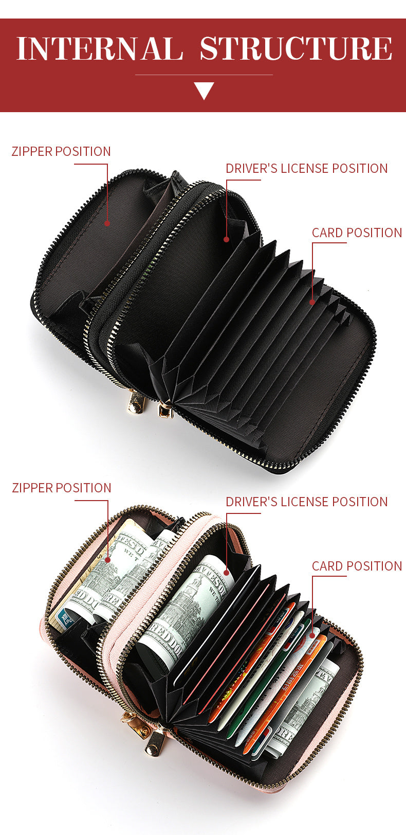 Double Zipper Wallet, Women's Short Credit Card Holder, Multifunctional Large Capacity Coin Purse