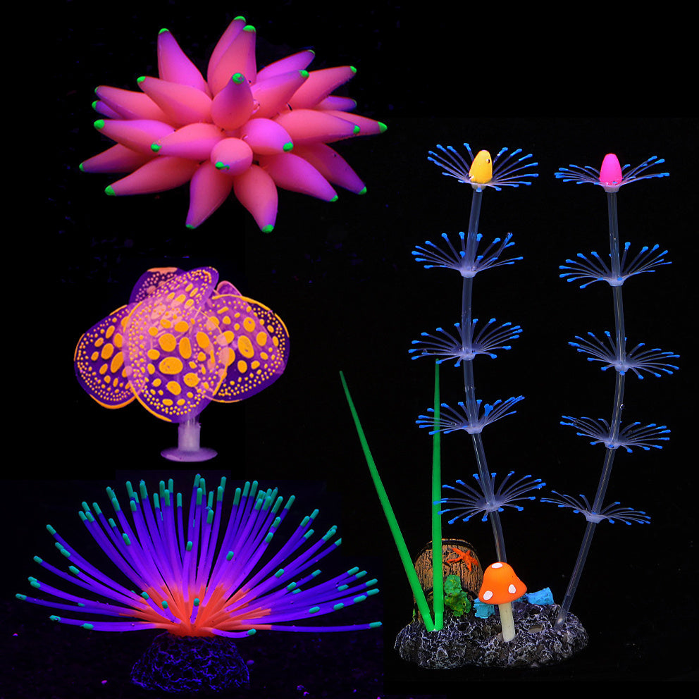 4pcs Glowing Aquarium Plants - Silicone Coral, Mushroom, Sea Anemone & Grass Decorations