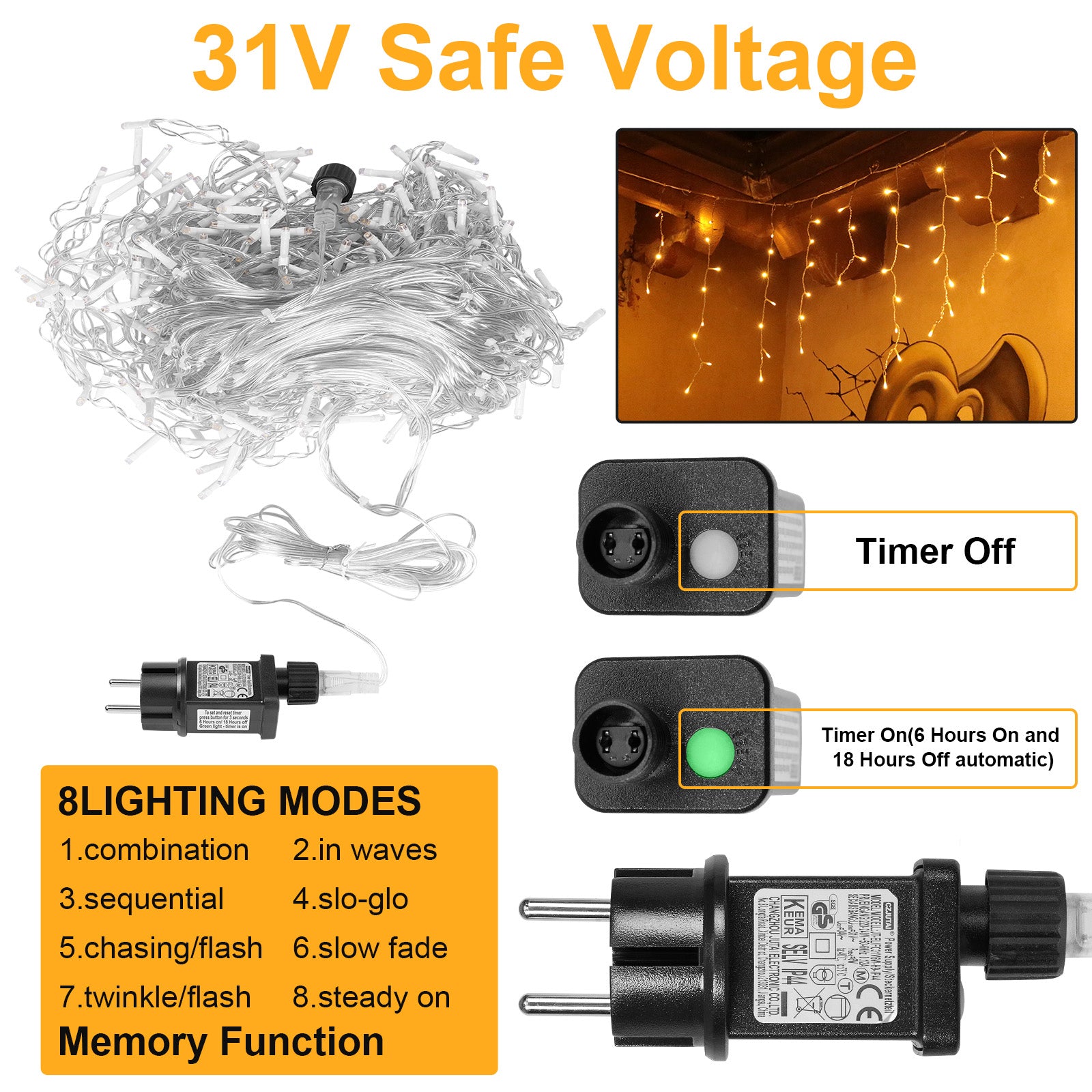 Memory LED Icicle String Lights 5/10/15M Waterproof Outdoor Christmas Fairy Lights 8 Modes Timer Xmas Newyear Decor 31V Plug