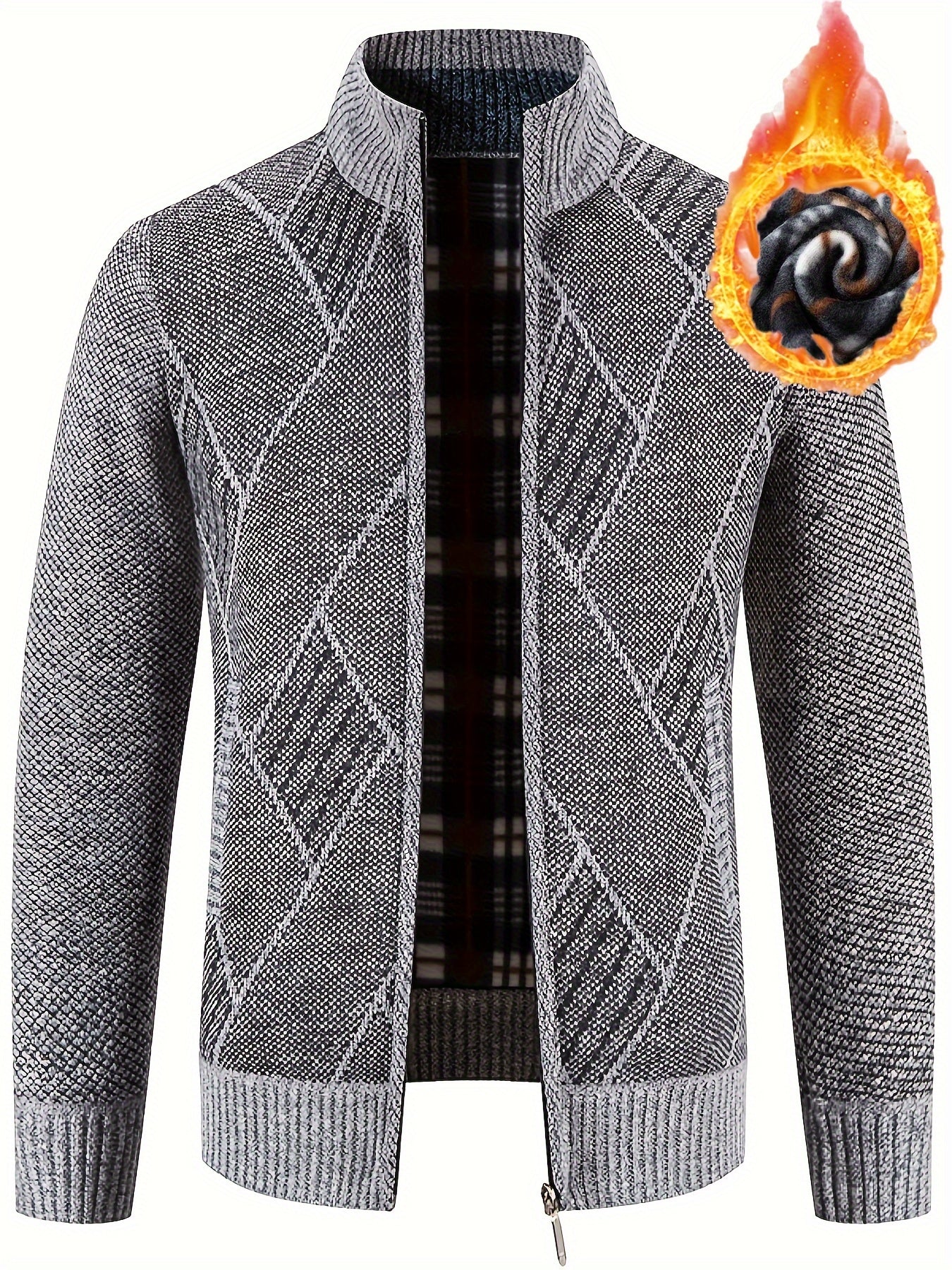 Loldeal Men'S Stand Collar Diamond Plaid Cardigan - Thick Warm Knit Open Front Sweater with Pockets, Solid Color Casual Fall/Winter Layering Essential, Cozy Clothing, Stylish Cardigan, Durable Construction, Warm Knitwear