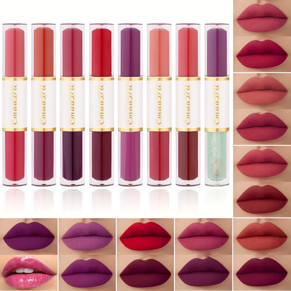 Double Ended Lip Gloss, Matte Velvet Satin Texture, Vivid Color Rendering Lip Glaze Long Lasting Waterproof Liquid Lipsticks ( 8 Colors ) Valentine's Day Gifts