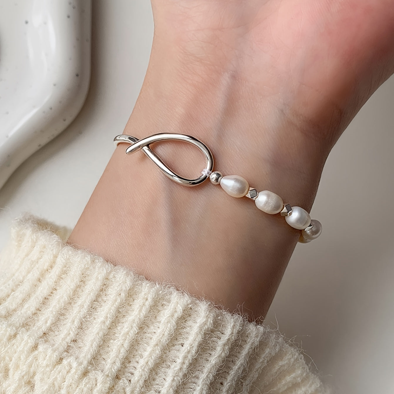 925 Sterling Silver Bracelet For Women Natural Pearl Bangle Elegant Decor Bracelet For Wedding