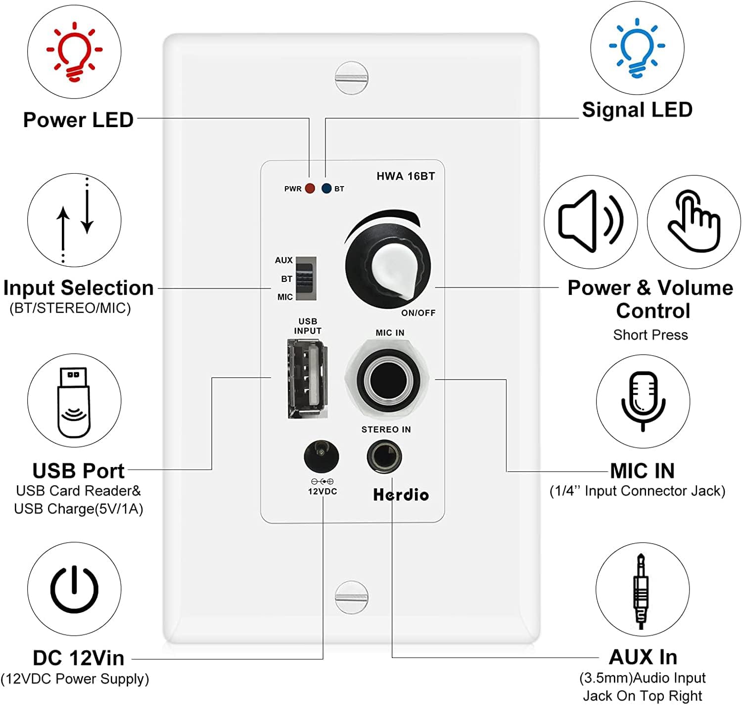 Herdio 6.5'' 4PCS Bluetooth In Ceiling Speakers 600W 2-Way Flush Mount Speakers System With Wall Amplifier Receiver For Bathroom