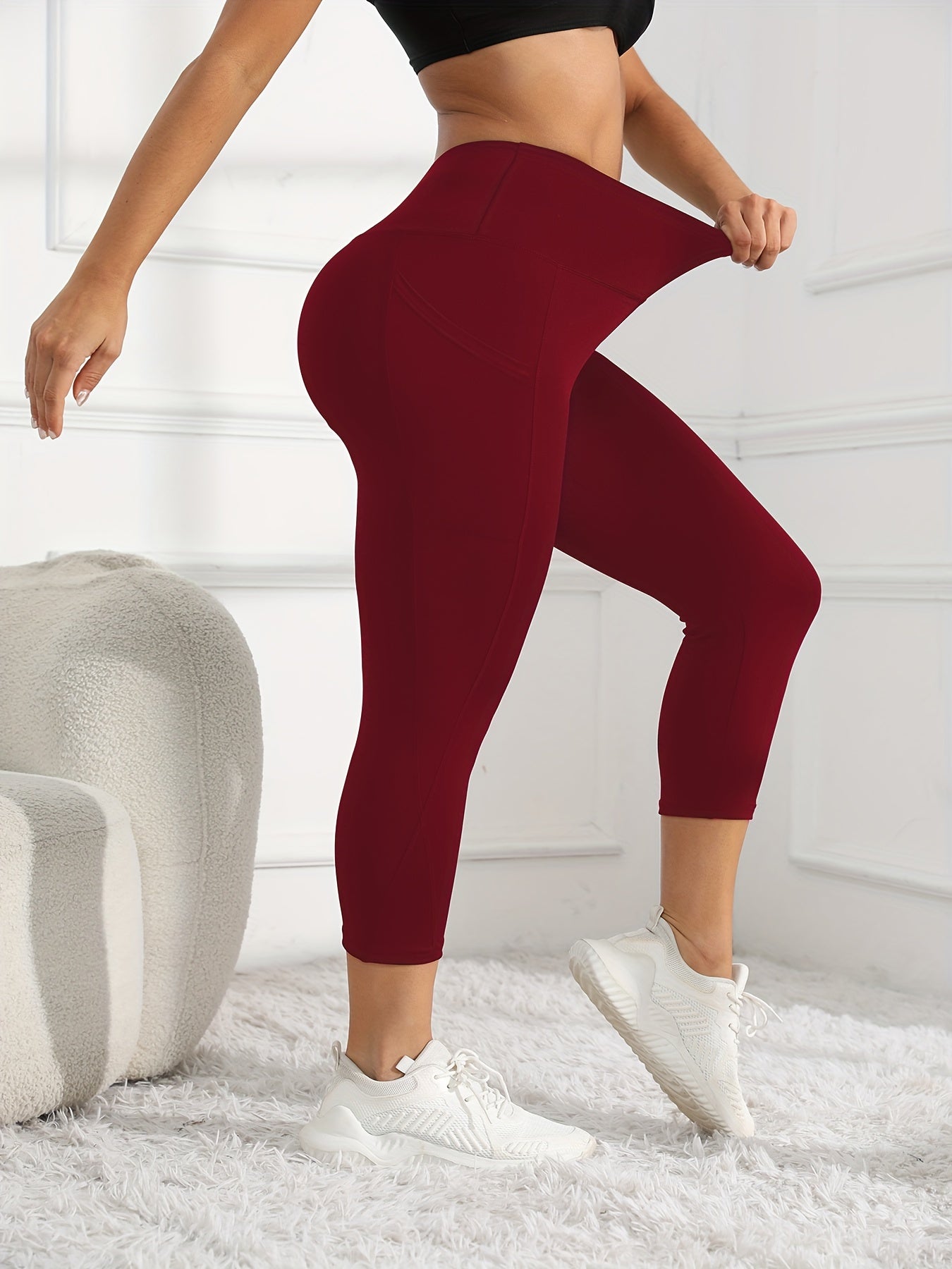 Women's High-Waisted 7/8 Length Leg Workout Leggings - Full-Length Leg Muscle-Building Gym Pants with Pockets, Solid Green Yoga Pants for Cycling, Pilates, Training | All-Season Fitness Pants with 7/8th Leg Coverage, Smooth T