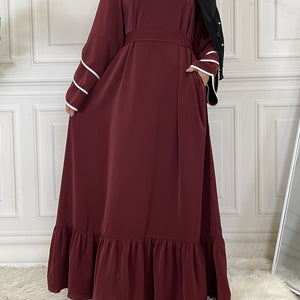 Solid Petal Sleeve Crew Neck Loose Modest Dress, Elegant Tie Waist Ruffled Hem Dress, Women's Clothing