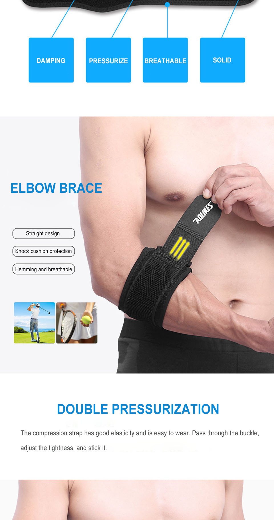 1pc Aolikes Elbow Brace for Men and Women - Tennis Elbow Support Wrap with Adjustable Compression