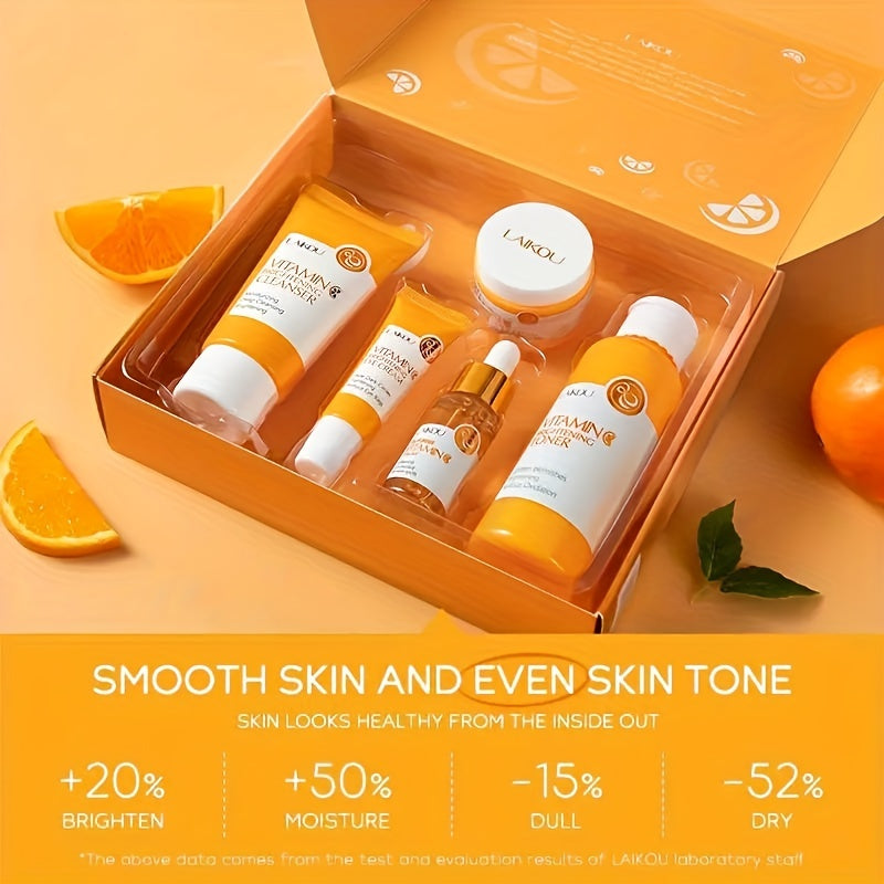 LAIKOU Vitamin C Series Skin Care Products Set 5 Piece Cleansing Skin Water Serum Eye Cream Essence Cream For Men And Women Daily Skin Care Gifts