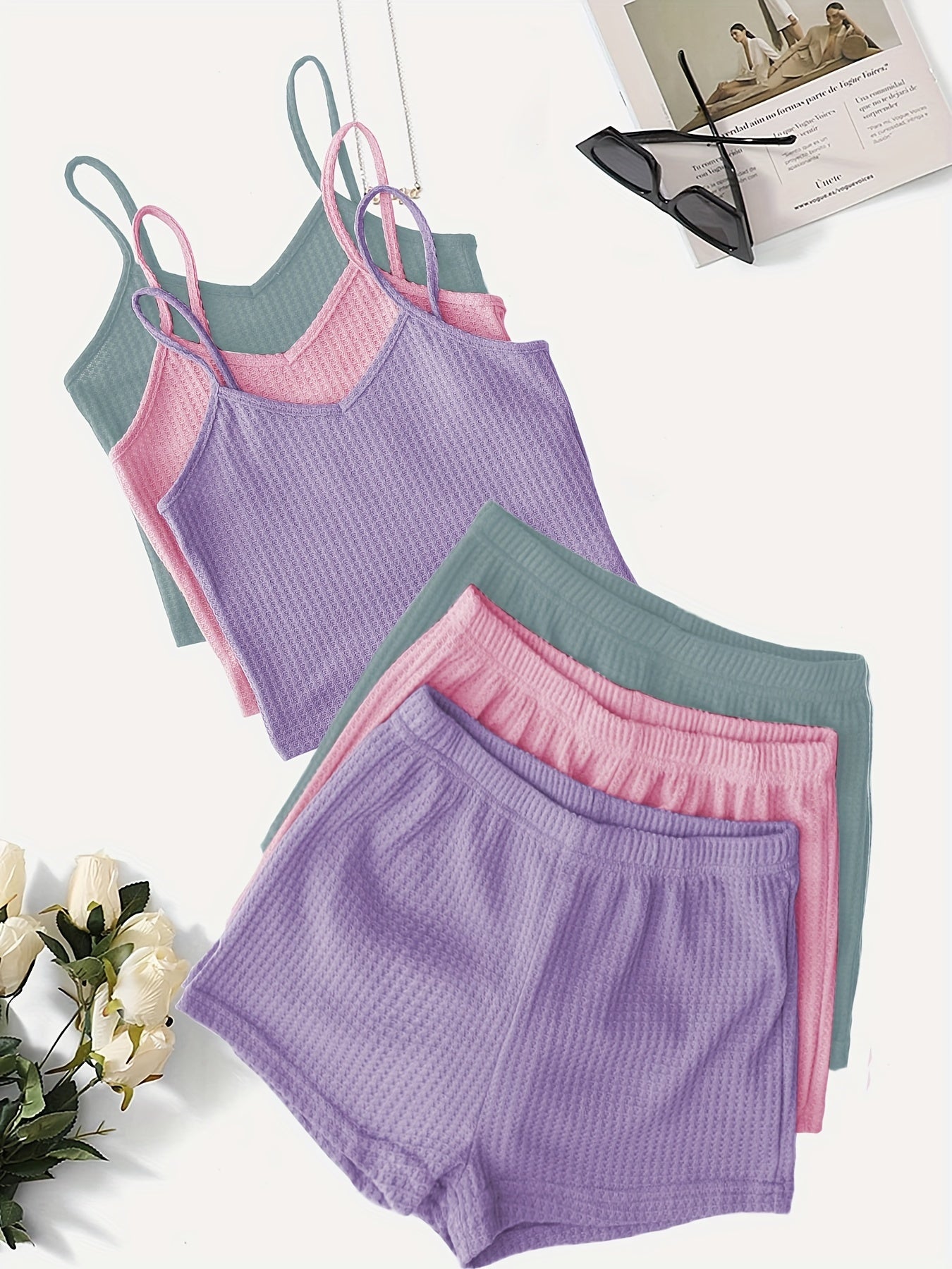 Women'S Elegant Waffle Cami & Shorts Set - Soft Pink & Mint Green, Sleeveless V-Neck Top with Ruffled Straps, High-Waisted Drawstring Shorts, Casual & Comfortable for Spring/Summer, Summer Outfit | Sleeveless Top | Texture