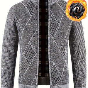Loldeal Men'S Stand Collar Diamond Plaid Cardigan - Thick Warm Knit Open Front Sweater with Pockets, Solid Color Casual Fall/Winter Layering Essential, Cozy Clothing, Stylish Cardigan, Durable Construction, Warm Knitwear