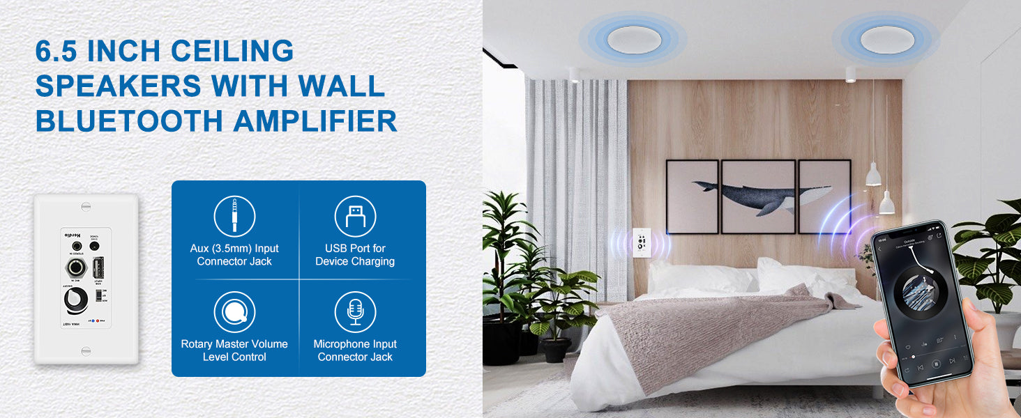 Herdio 6.5'' 4PCS Bluetooth In Ceiling Speakers 600W 2-Way Flush Mount Speakers System With Wall Amplifier Receiver For Bathroom