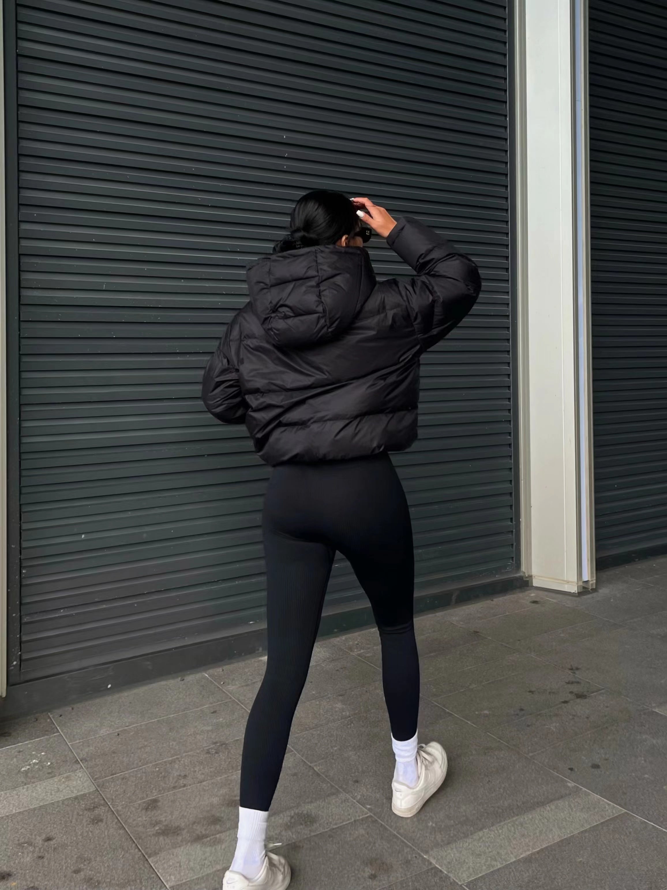 Women's Casual Short Puffer Jacket - Black Solid Hooded Design, Polyester Smooth Fabric, 70g/m² Lining, Long Sleeve with Drawstring | Winter Warmth | Comfortable Fit