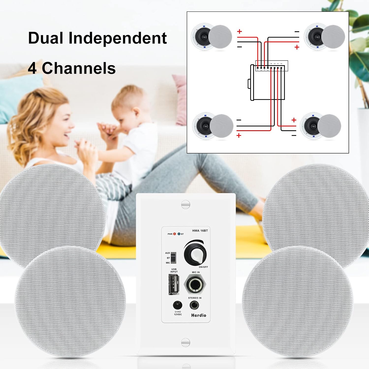 Herdio 6.5'' 4PCS Bluetooth In Ceiling Speakers 600W 2-Way Flush Mount Speakers System With Wall Amplifier Receiver For Bathroom