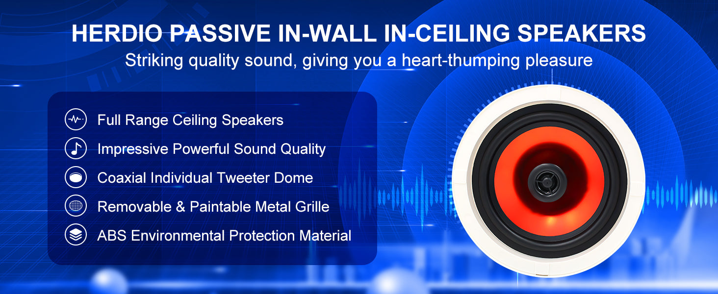 Herdio 6.5'' 4PCS Bluetooth In Ceiling Speakers 600W 2-Way Flush Mount Speakers System With Wall Amplifier Receiver For Bathroom