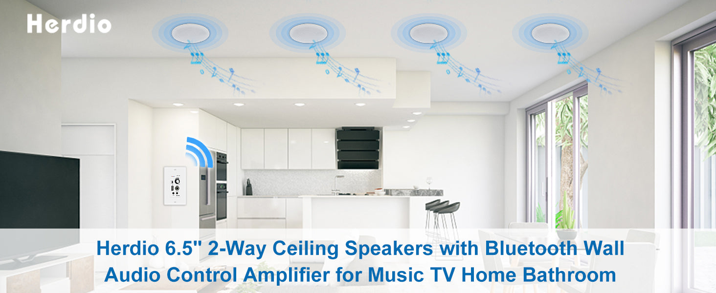 Herdio 6.5'' 4PCS Bluetooth In Ceiling Speakers 600W 2-Way Flush Mount Speakers System With Wall Amplifier Receiver For Bathroom