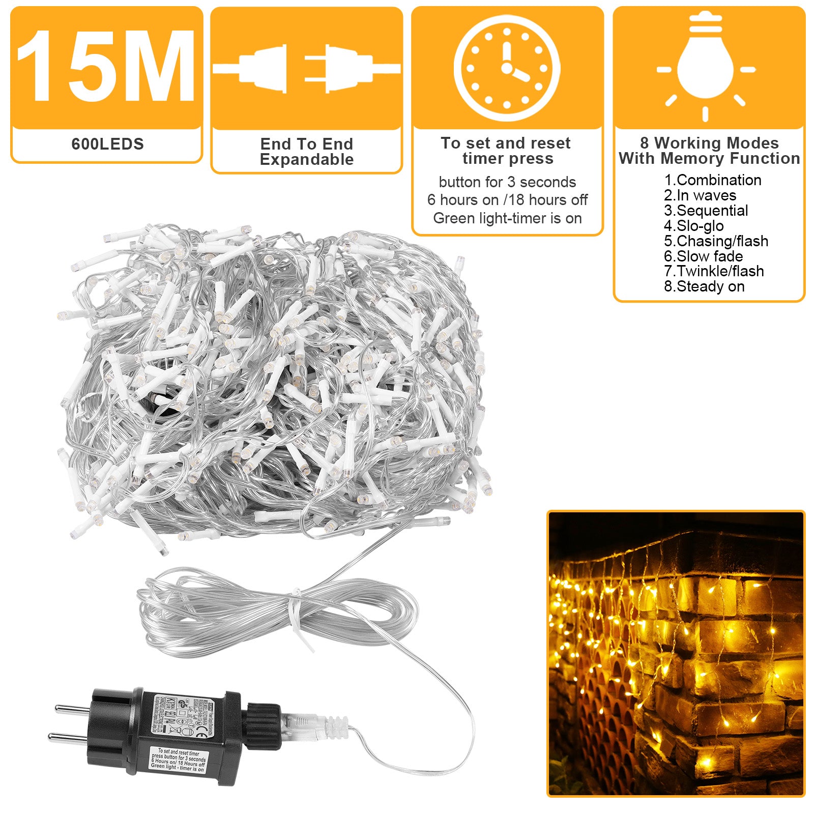 Memory LED Icicle String Lights 5/10/15M Waterproof Outdoor Christmas Fairy Lights 8 Modes Timer Xmas Newyear Decor 31V Plug