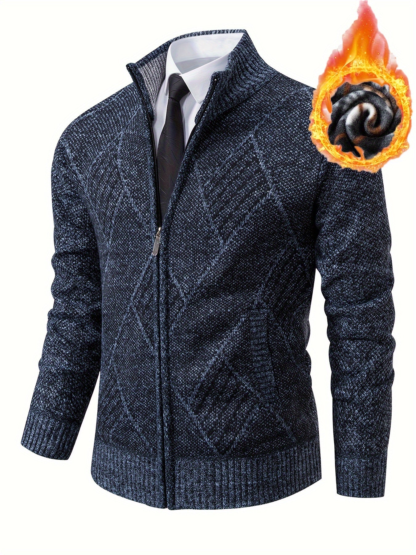 Loldeal Men'S Stand Collar Diamond Plaid Cardigan - Thick Warm Knit Open Front Sweater with Pockets, Solid Color Casual Fall/Winter Layering Essential, Cozy Clothing, Stylish Cardigan, Durable Construction, Warm Knitwear