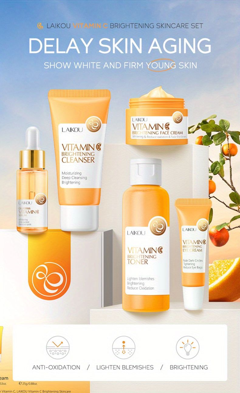 LAIKOU Vitamin C Series Skin Care Products Set 5 Piece Cleansing Skin Water Serum Eye Cream Essence Cream For Men And Women Daily Skin Care Gifts