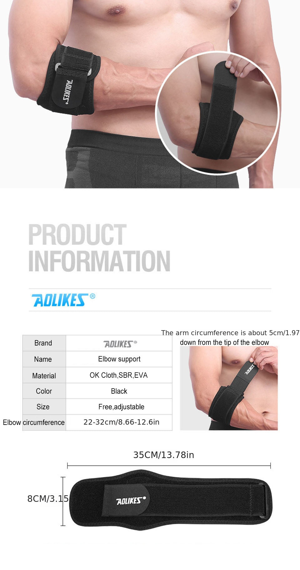 1pc Aolikes Elbow Brace for Men and Women - Tennis Elbow Support Wrap with Adjustable Compression
