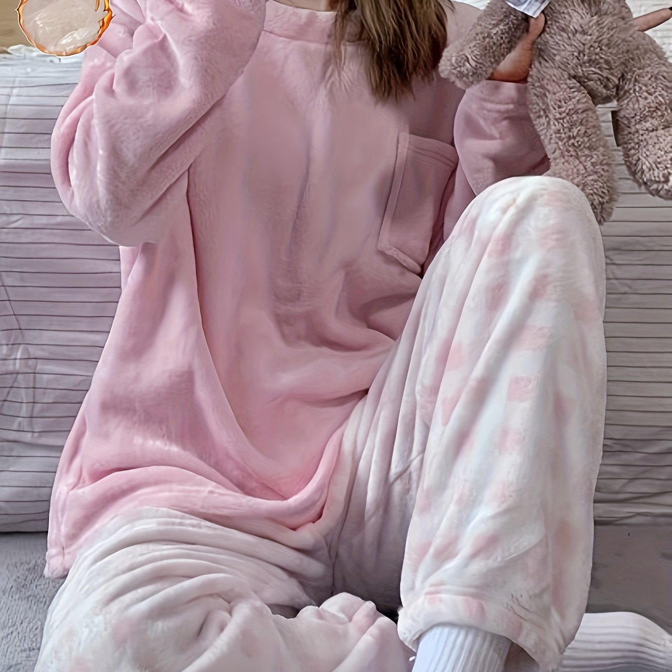 Winter Warm Velvet Pajama Set, Plaid Pattern Pajama, Solid Color Casual Home Wear Set