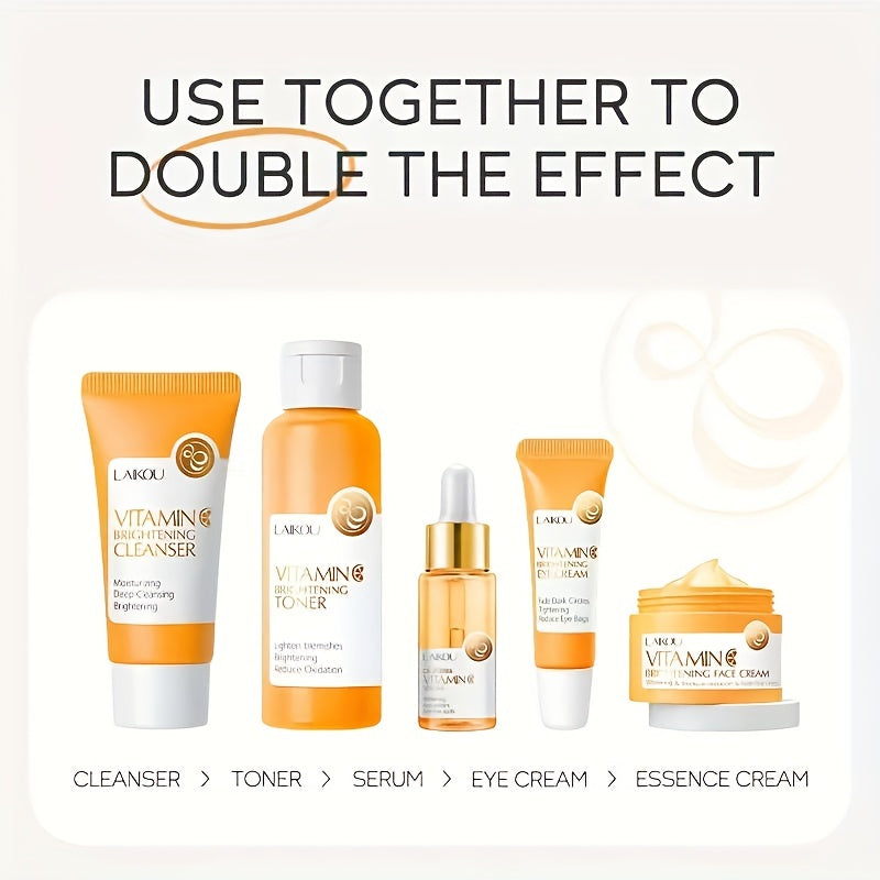 LAIKOU Vitamin C Series Skin Care Products Set 5 Piece Cleansing Skin Water Serum Eye Cream Essence Cream For Men And Women Daily Skin Care Gifts