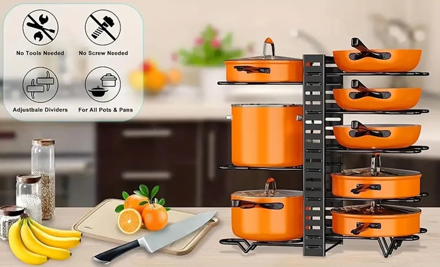 8-Tier Duty Pot Rack Organizer Durable Metal,Space-saving Cabinet Holder for Pots,Pans and lids-Keep Your Kitchen Neat and Tidy - You Offer