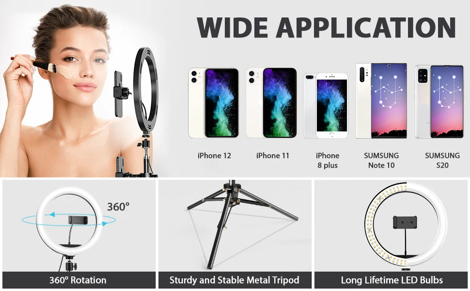 10.2 inch Selfie Ring Light with Tripod Stand & 2 Phone Holders, Dimmable Led Camera Ringlight for Photography/Makeup/Live