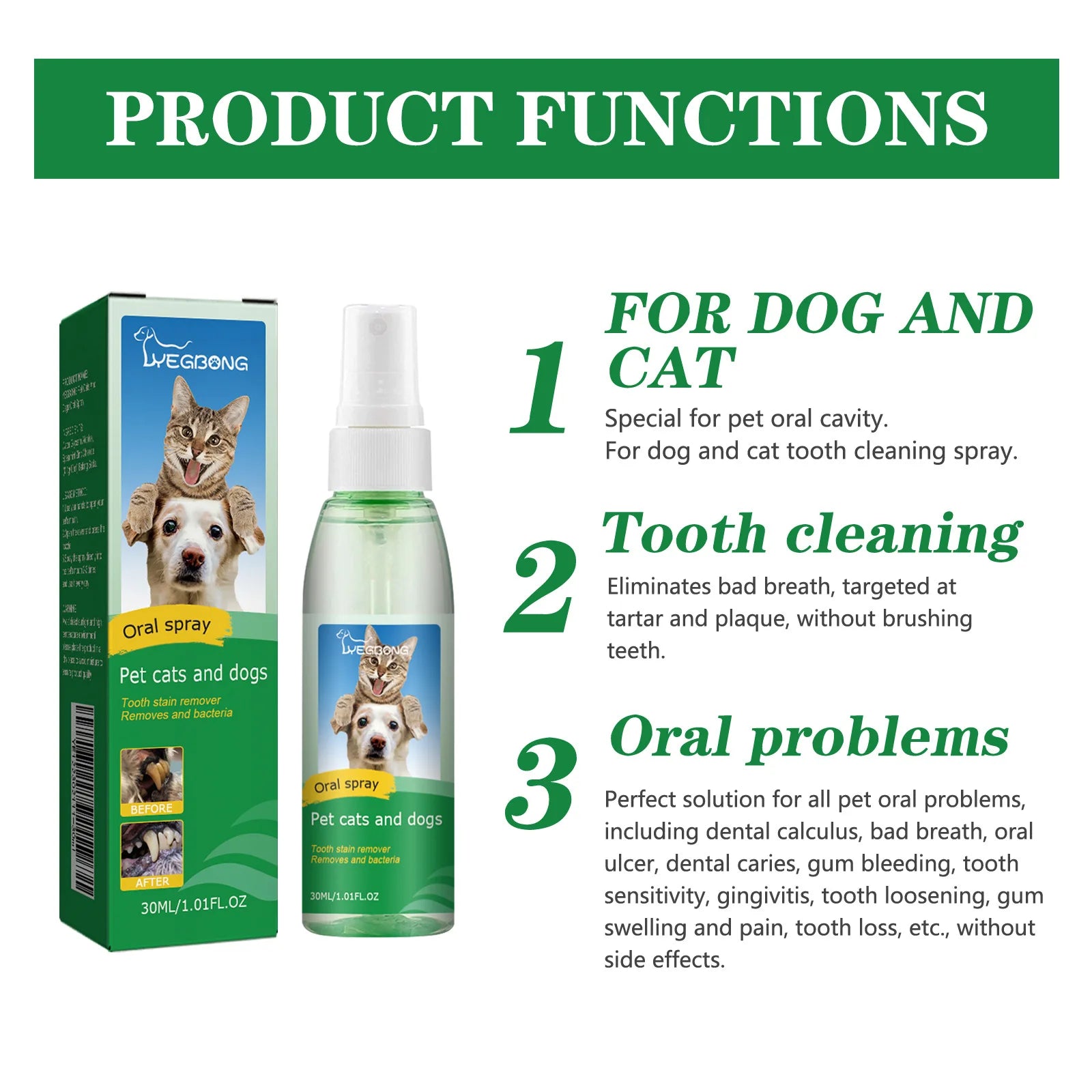Yegbong 30ml Pet Oral Cleansing Spray Mouth Fresh Dogs Cats Remove Bad Breath Oral Deodorant Teeth Stain Tartar Remover Spray