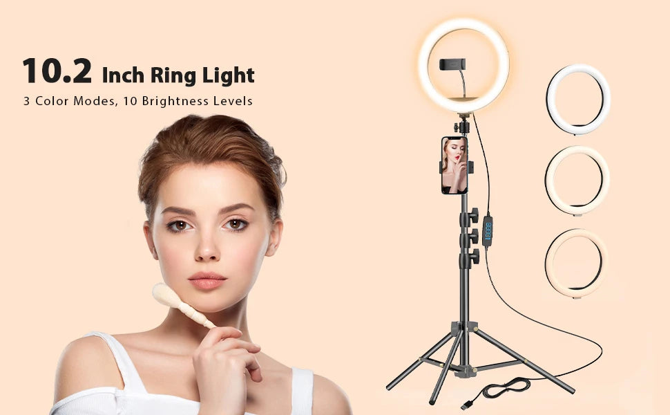 10.2 inch Selfie Ring Light with Tripod Stand & 2 Phone Holders, Dimmable Led Camera Ringlight for Photography/Makeup/Live