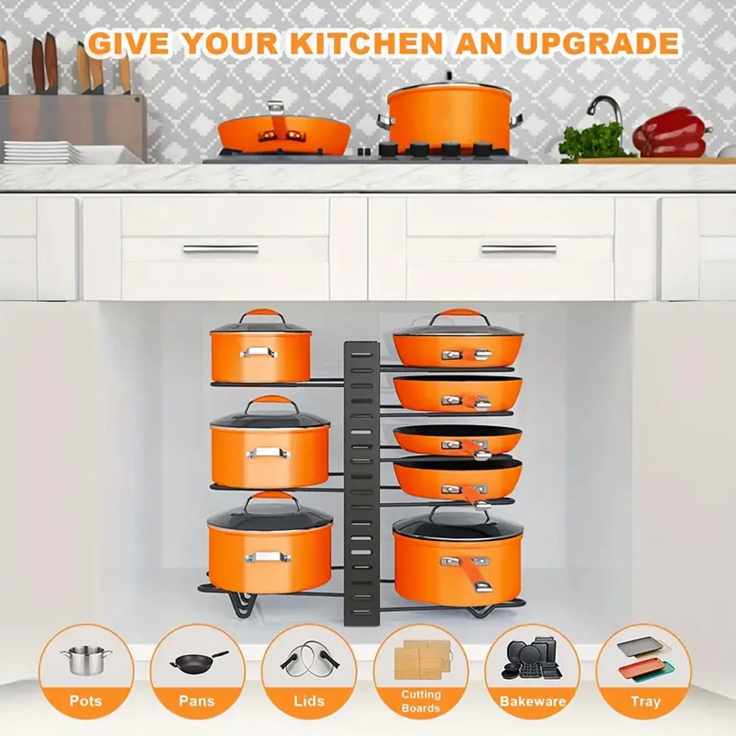 8-Tier Duty Pot Rack Organizer Durable Metal,Space-saving Cabinet Holder for Pots,Pans and lids-Keep Your Kitchen Neat and Tidy - You Offer
