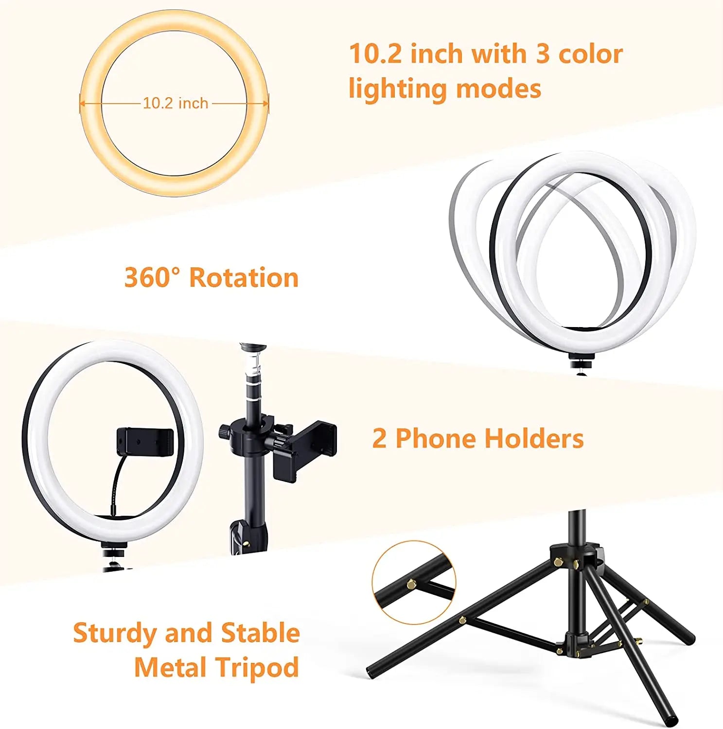 10.2 inch Selfie Ring Light with Tripod Stand & 2 Phone Holders, Dimmable Led Camera Ringlight for Photography/Makeup/Live