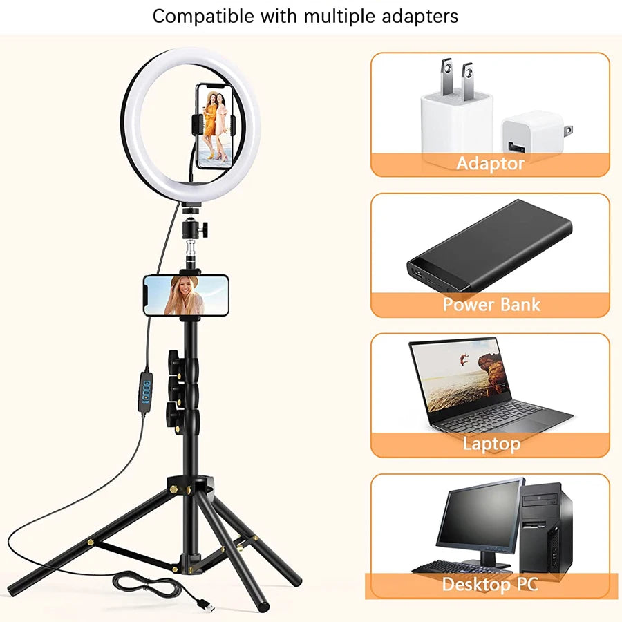 10.2 inch Selfie Ring Light with Tripod Stand & 2 Phone Holders, Dimmable Led Camera Ringlight for Photography/Makeup/Live