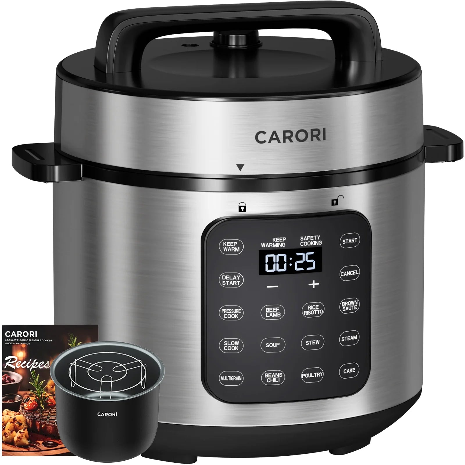 CARORI 12-in-1 Electric Pressure Cooker 6 Quart, Rice Cooker, Steamer, Sauté, Warmer, Includes Free Recipes and Steam Rack - You Offer