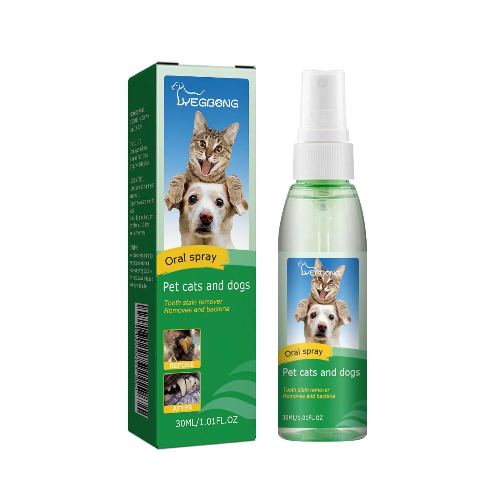 Yegbong 30ml Pet Oral Cleansing Spray Mouth Fresh Dogs Cats Remove Bad Breath Oral Deodorant Teeth Stain Tartar Remover Spray