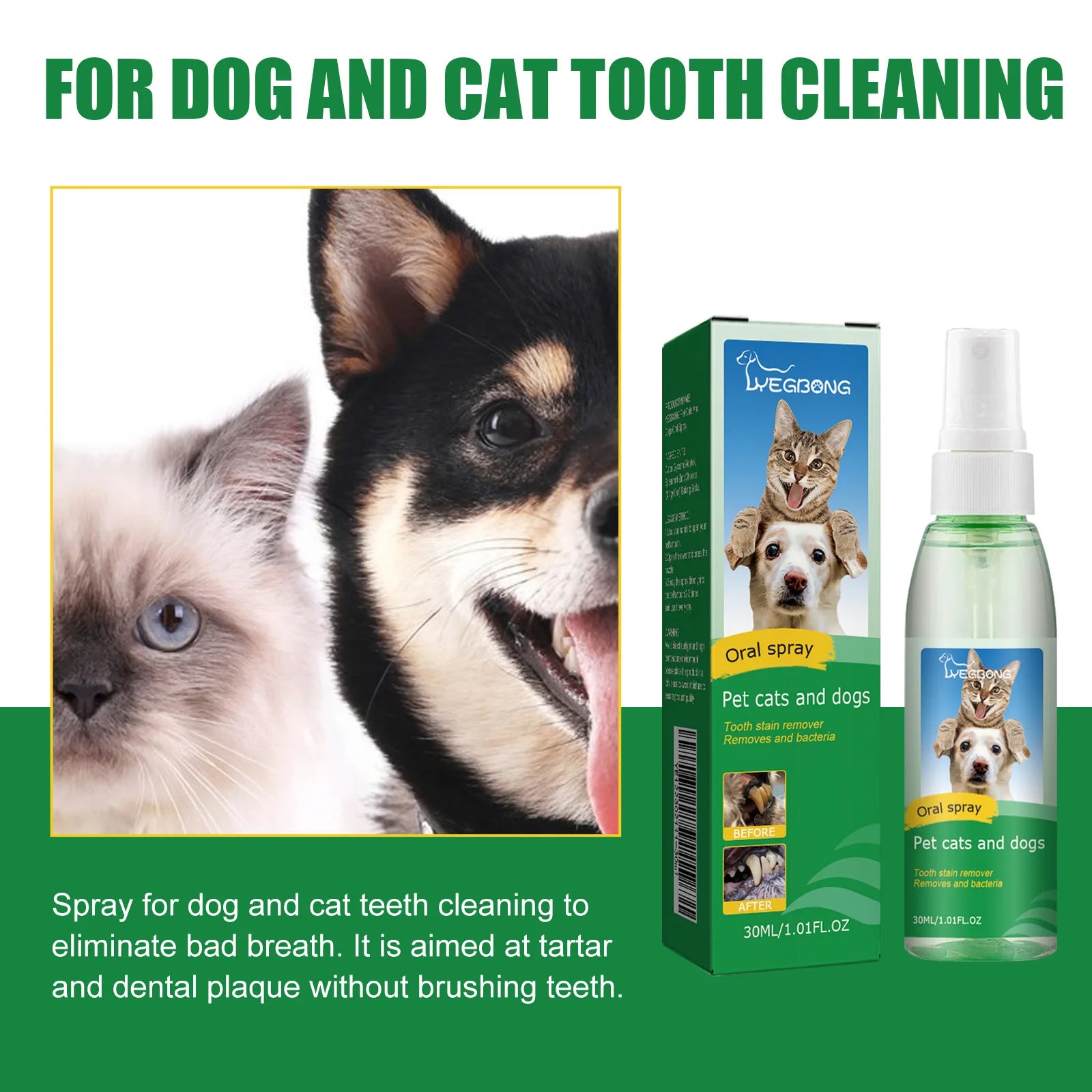 Yegbong 30ml Pet Oral Cleansing Spray Mouth Fresh Dogs Cats Remove Bad Breath Oral Deodorant Teeth Stain Tartar Remover Spray