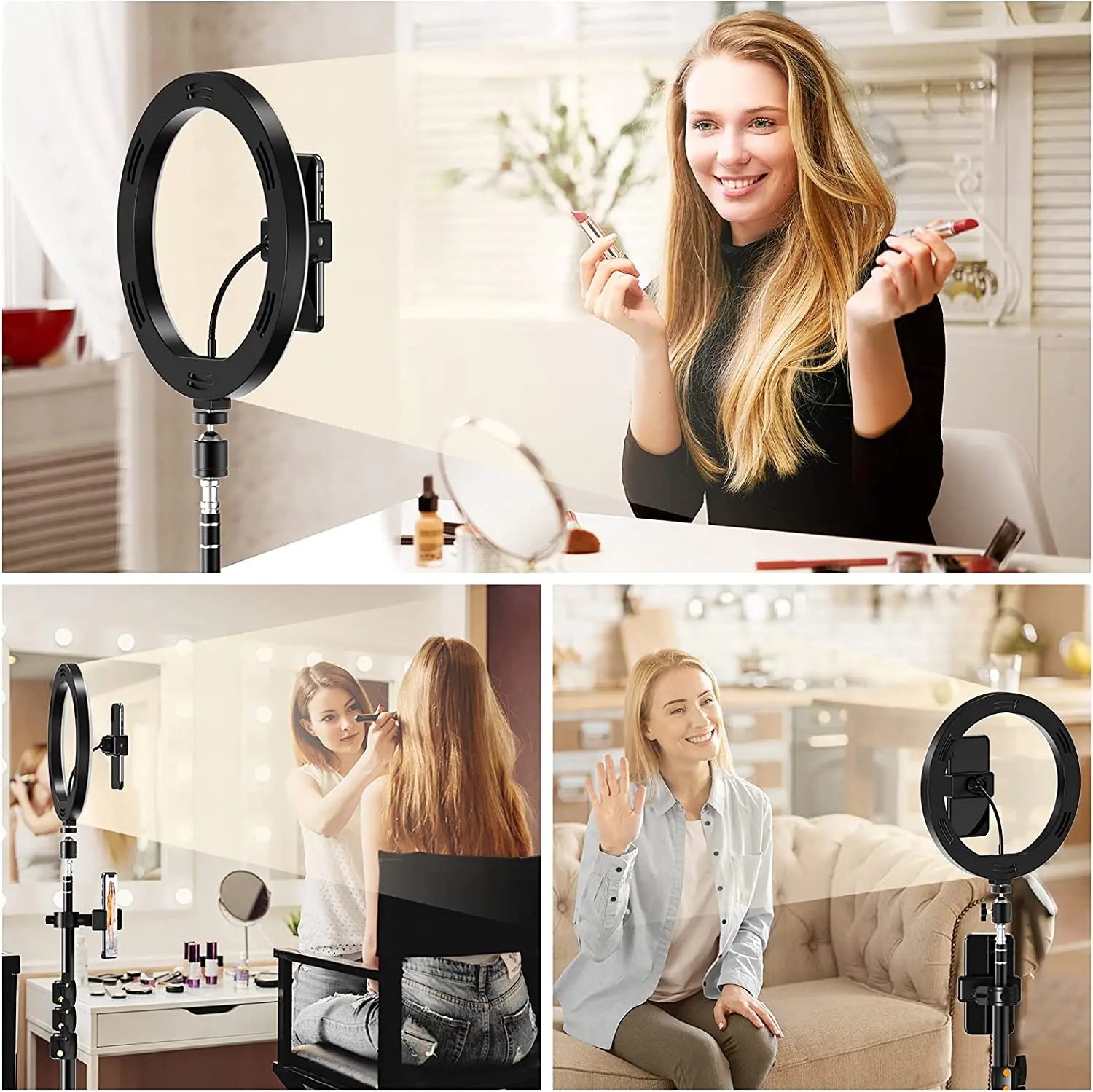 10.2 inch Selfie Ring Light with Tripod Stand & 2 Phone Holders, Dimmable Led Camera Ringlight for Photography/Makeup/Live